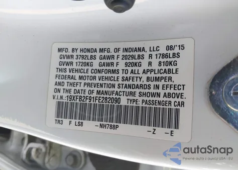 2015 Honda Civic Ex-L z USA, uszkodzony, nr VIN 19XFB2F91FE282090